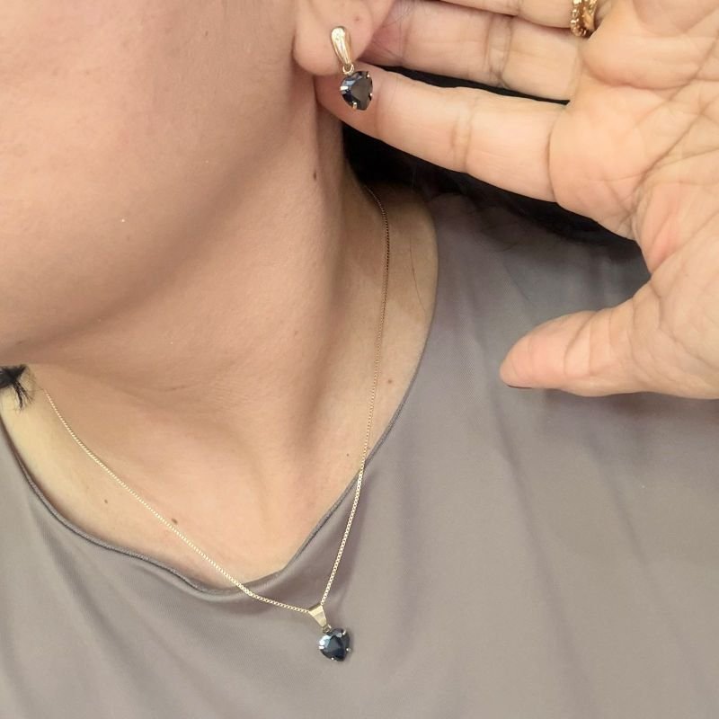 Conjunto Brincos E Colar Coração Zirconia Folheado A Ouro