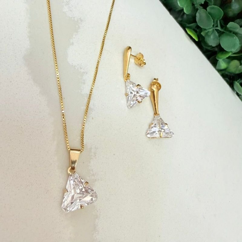 Conjunto Brincos E Colar Zirconia Folheado A Ouro