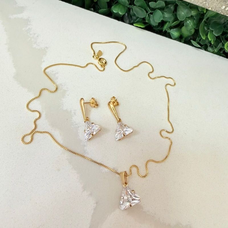 Conjunto Brincos E Colar Zirconia Folheado A Ouro