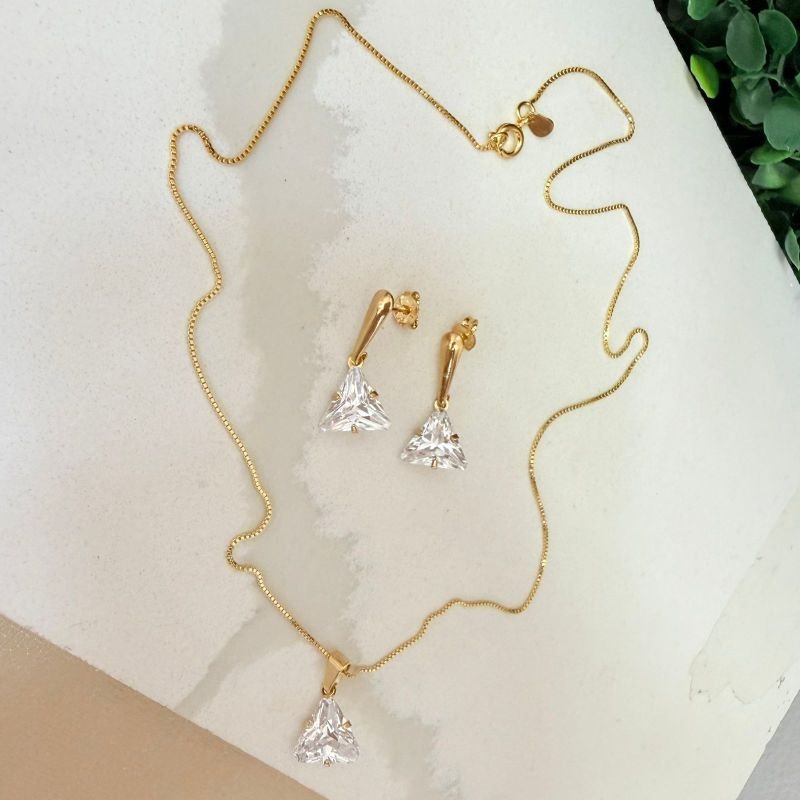 Conjunto Brincos E Colar Zirconia Folheado A Ouro