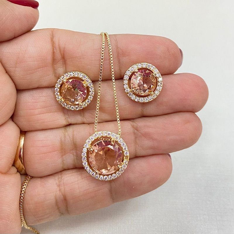 CONJUNTO ZIRCÔNIA FOLHEADO OURO