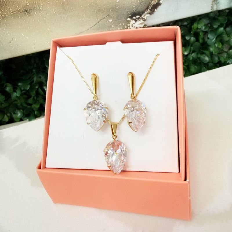 Conjunto Zirconia Gota Folheado A Ouro