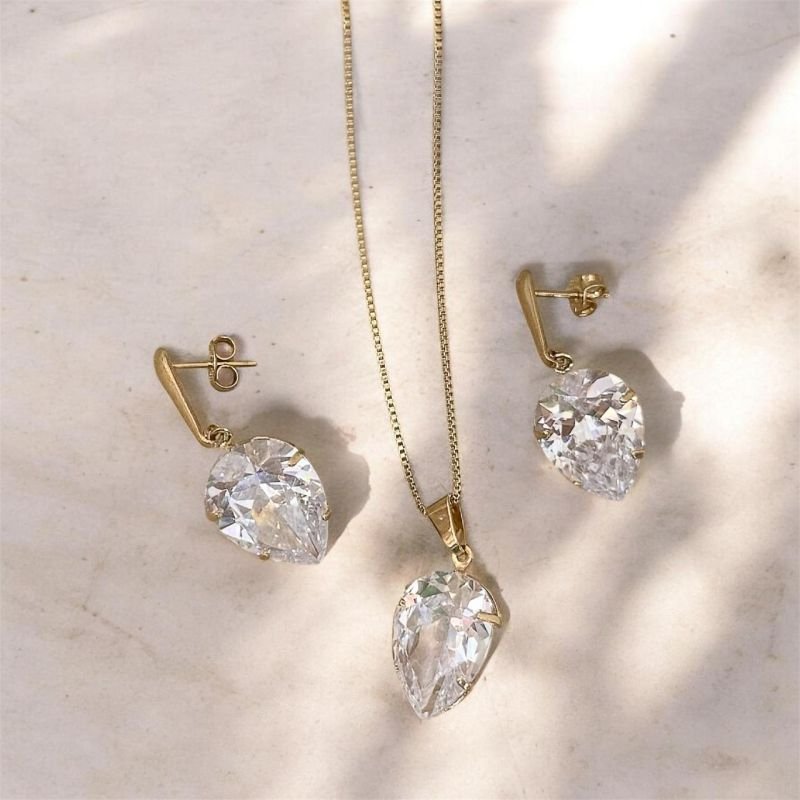 Conjunto Zirconia Gota Folheado A Ouro