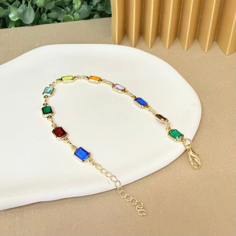 Pulseira Pedras Coloridas Retangular Folheada A Ouro