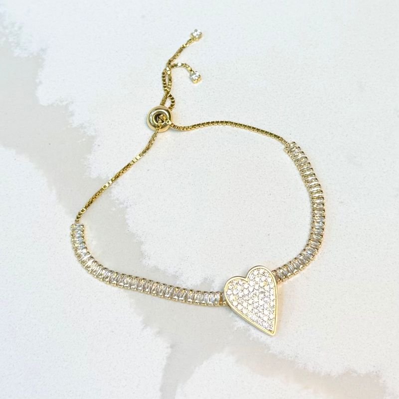 Pulseira Feminina Coração Zirconia Folheado A Ouro
