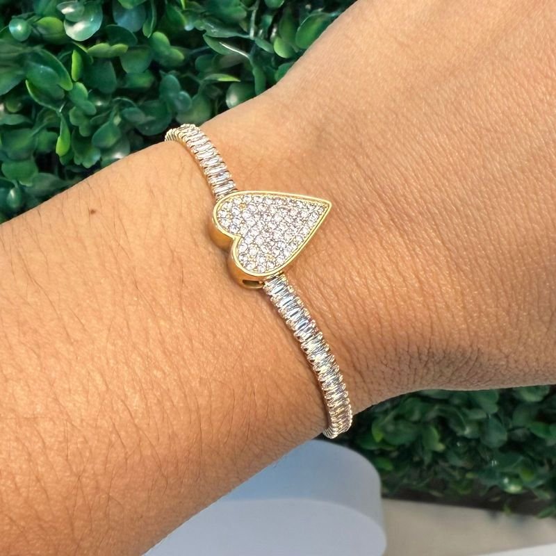 Pulseira Feminina Coração Zirconia Folheado A Ouro