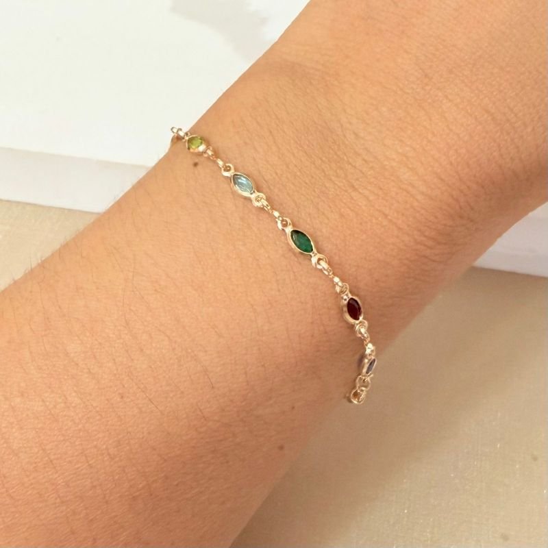 Pulseira Pedras Coloridas Oval Folheada A Ouro