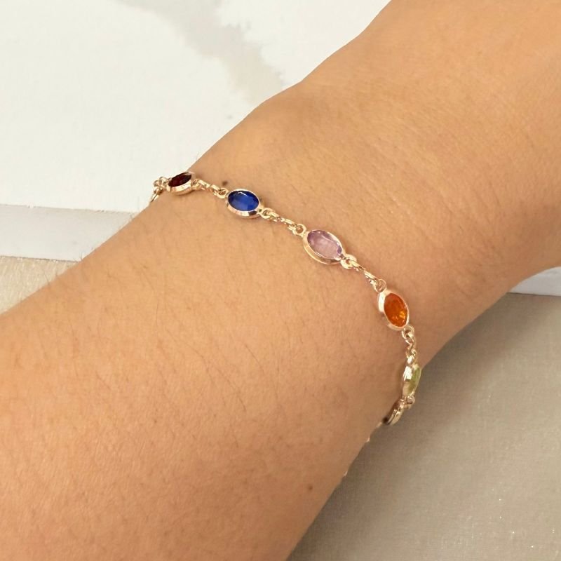 Pulseira Pedrinhas Coloridas Delicada Folheada A Ouro