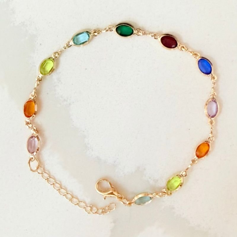 Pulseira Pedrinhas Coloridas Delicada Folheada A Ouro